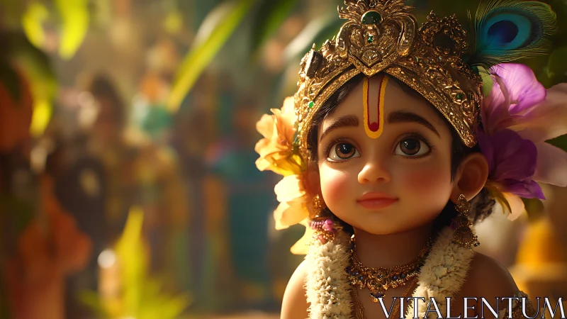 Divine child portrait with jeweled crown and soft bokeh glow.