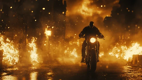 Motorcycle rider navigates apocalyptic fire-engulfed cityscape at night