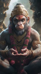 Divine monkey warrior sits in ornate gold temple light.