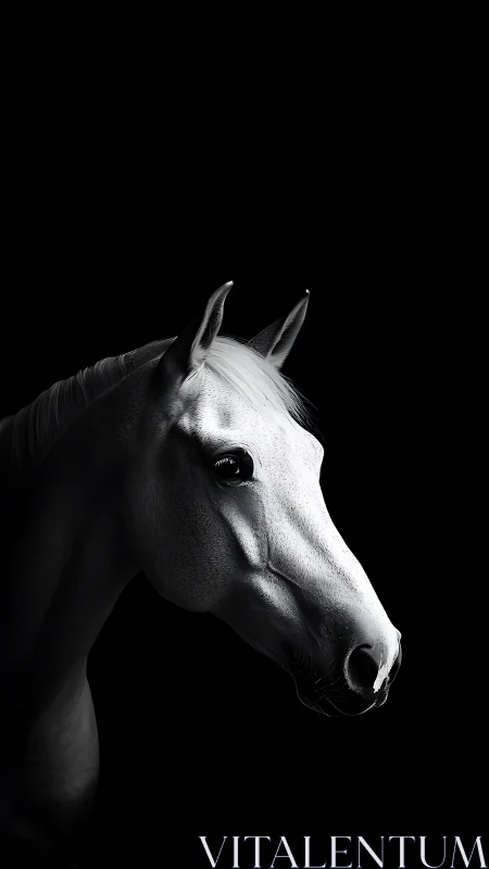 White horse portrait in dramatic low key lighting on black.