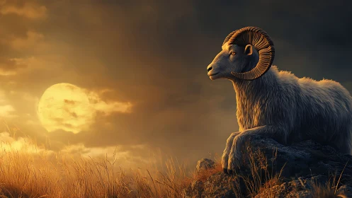 Gentle ram resting under a glowing golden twilight moon.