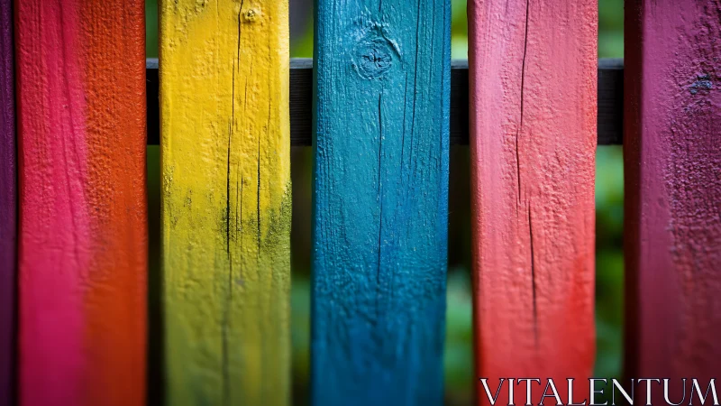 Rainbow painted fence slats with joyful rustic texture.