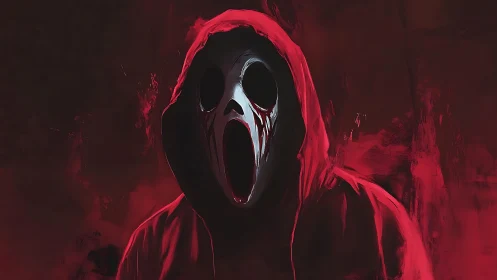 Crimson hooded specter with howling mask in smeared shadows.