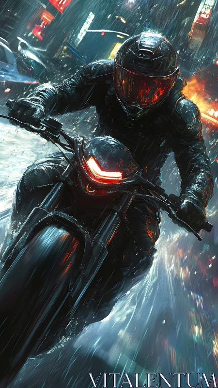 Armored rider drives racing motorcycle through neon rainstorm