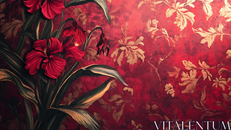Ornamental Florals Against Deep Crimson Base with Gilt Details.