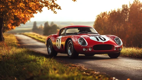 Vintage red racing coupe on rural autumn road at golden hour