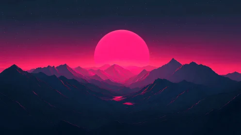 Neon pink sun rises behind stylized mountains under stars