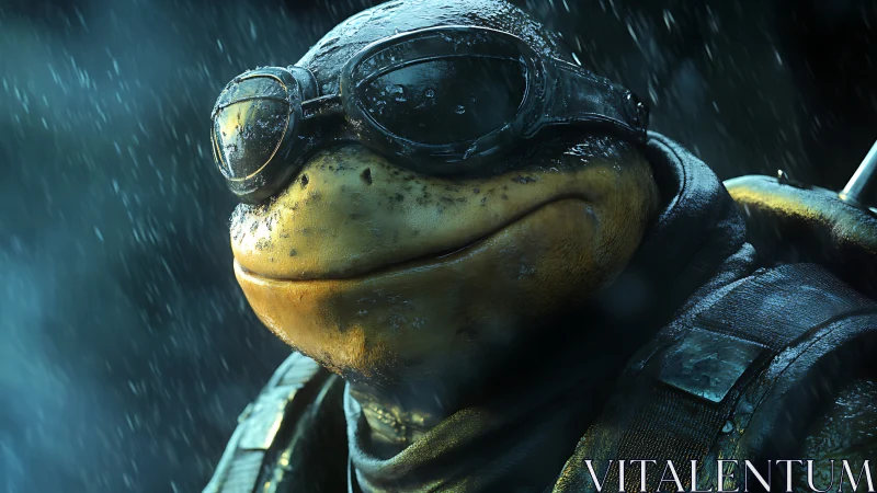 Armored frog warrior wears goggles under cinematic rain