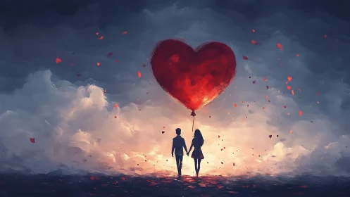 Two souls ascending with crimson heart balloon aflame