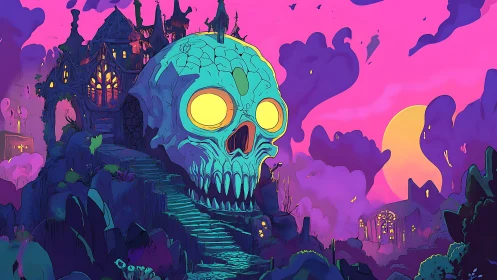 Neon skull citadel rising over spectral twilight cliffs.