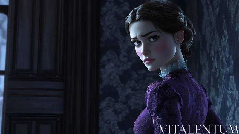 Gothic hallway heroine pausing mid-glance in violet hush.