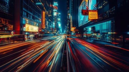 Neon lit city street with fast traffic light trails at night.