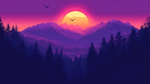 Chromatic alpine sunset panorama with silhouetted conifers.