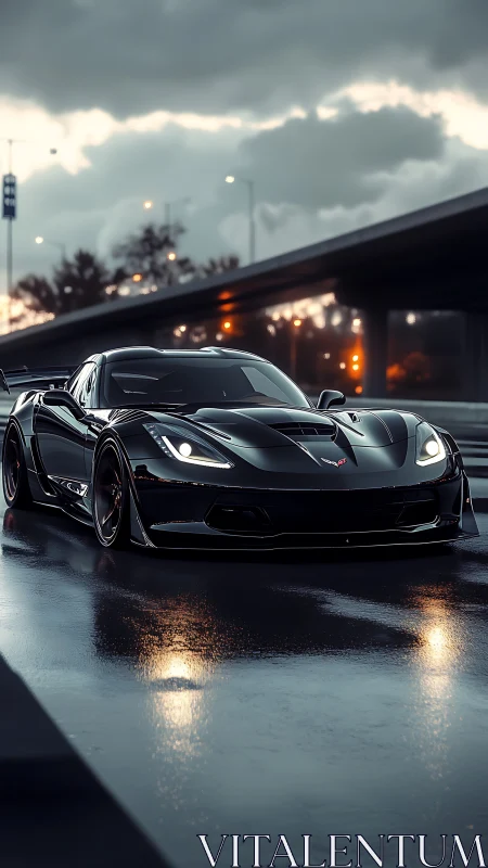 Black supercar glides along wet highway under stormy dusk sky