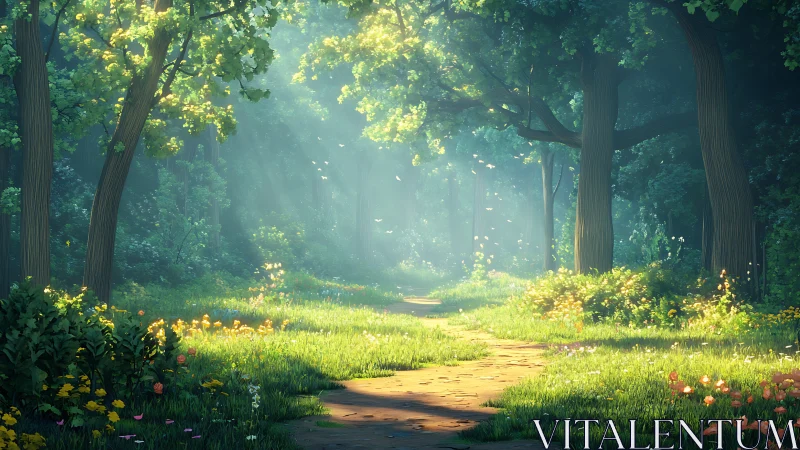 Sunlit Forest Pathway with Blooming Wildflower Understory.