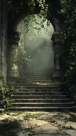Sunlit stone stairway through overgrown ruined archway.
