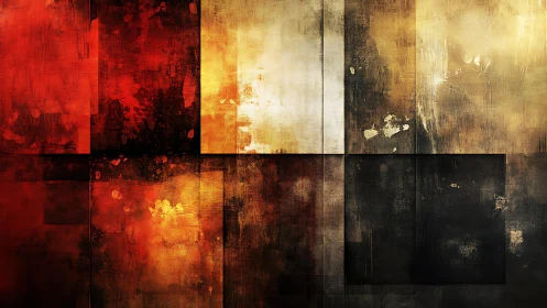 Abstract geometric painting with warm red, gold, and black tones.