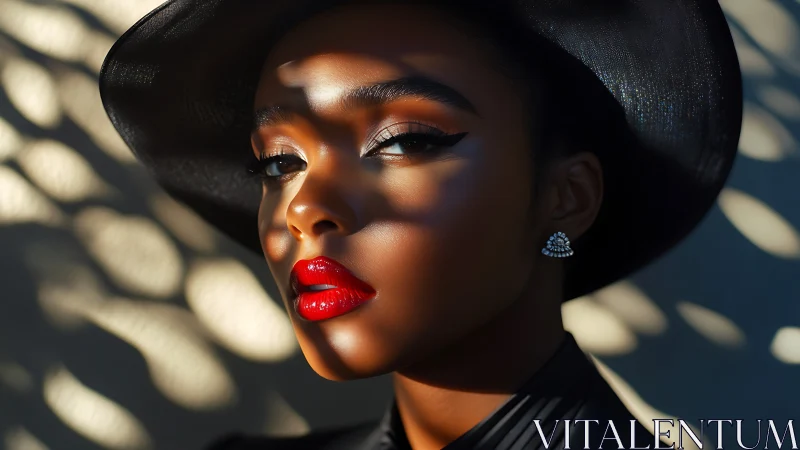 Sunlit red lips and shadowed elegance in a wide black hat.