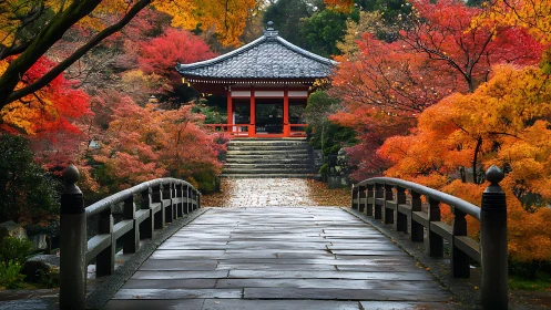 Quiet autumn bridge leading toward a hidden red temple.