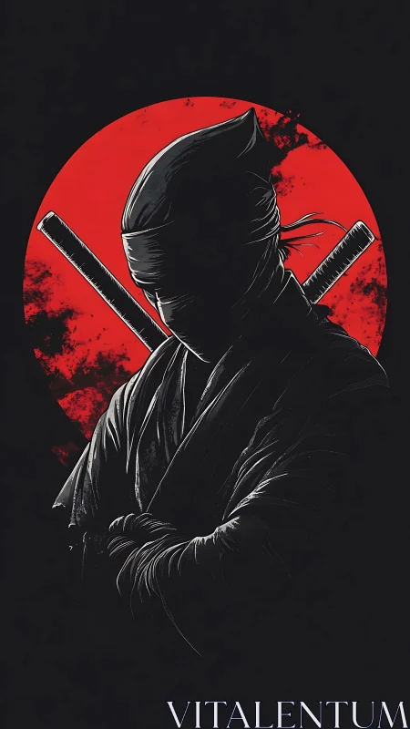 Ninja silhouette stands before red sun with crossed swords