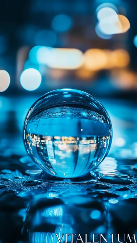 Glass orb reflects blue city bokeh on wet night pavement