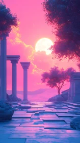 Neon dusk colonnade with lunar horizon and marble path.