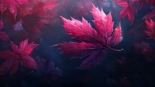 Digital painting of crimson maple leaves on twilight water.