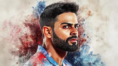 Bold portrait in splashes of red and blue energy.