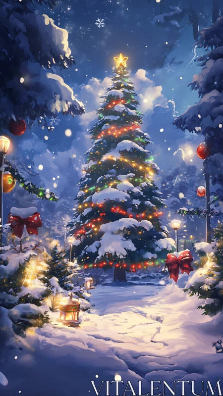 Snow covered outdoor Christmas tree with lights at night.
