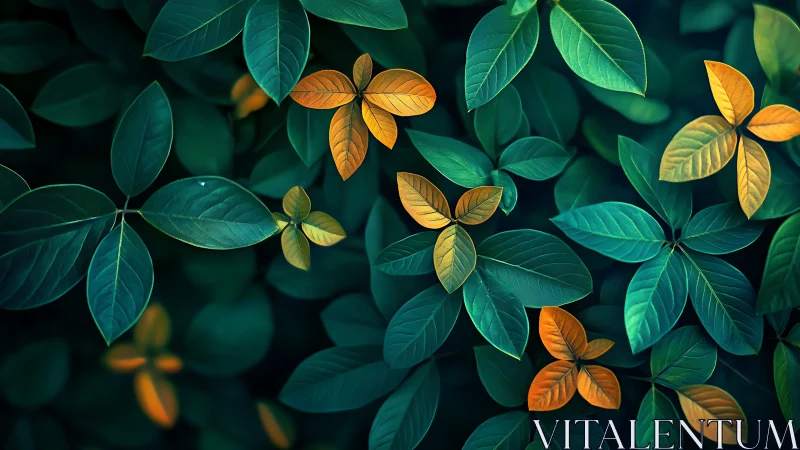 Emerald foliage with golden accent leaves in soft focus field.