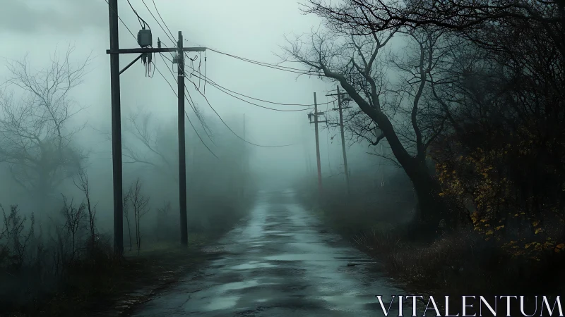 Fog-drowned rural road stalked by crooked winter trees.