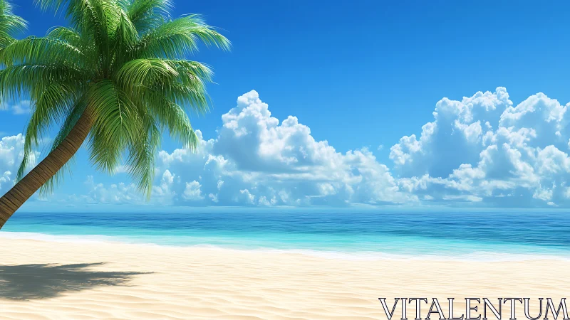 Tropical Beach with Palm Tree and Ocean Horizon.