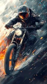 Motorcyclist racing through fire and smoke in dynamic motion.