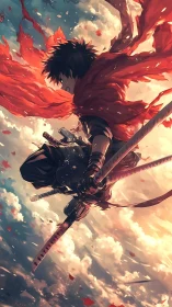 Skyborne swordsman rides the wind in blazing red ribbons
