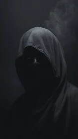 Hooded masked figure in low‑key chiaroscuro digital portrait