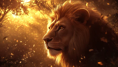 Majestic lion gazing through molten golden forest light.