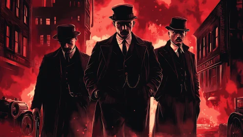 Three suited gangsters walk through burning city street