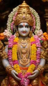 Radiant Hindu deity statue draped in gold and flowers.