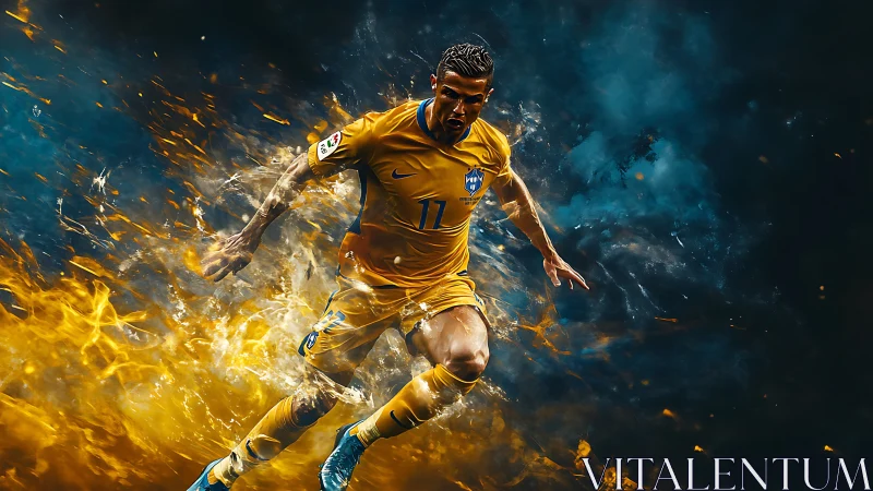 Blazing midfield comet sprinting through molten stadium night.