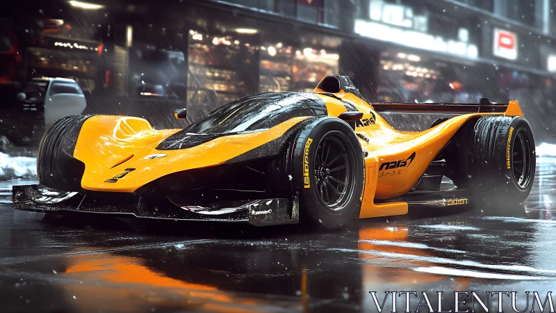 Sleek orange race car glowing on a rain soaked city street.