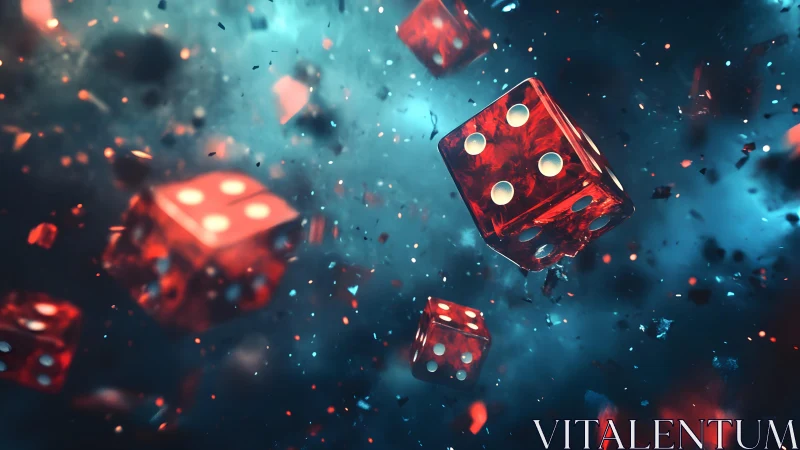Red Dice Floating in Vivid Abstract Space, Digital Art Style.