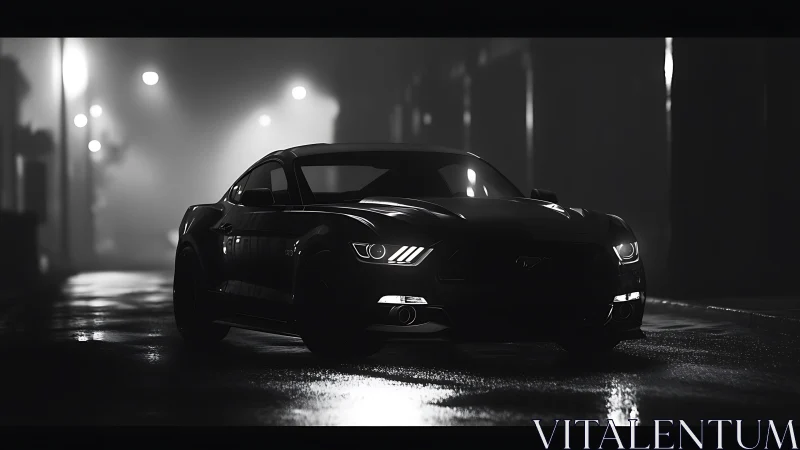 Black sports car on wet city street at night in foggy light.