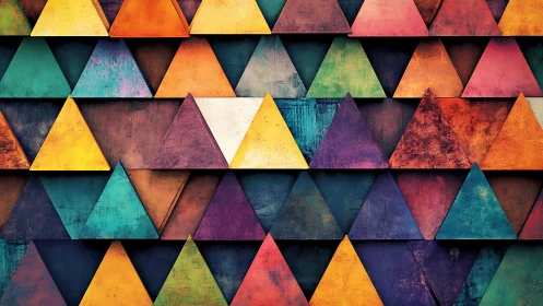 Geometric grid of multicolored triangular prisms on panels.