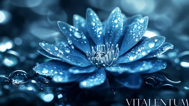 Macro blue lotus rendered with hyperreal dewy petal detail