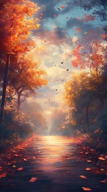 Autumn forest path glowing under soft sunset light.