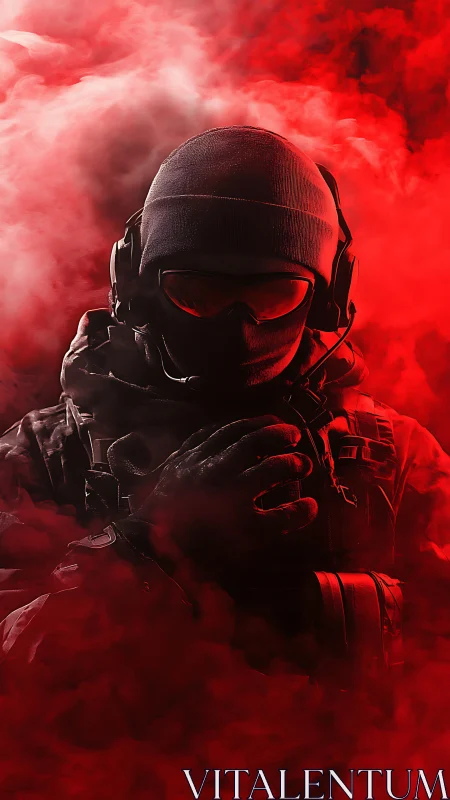 Tactical soldier stands in red smoke with combat headset ready