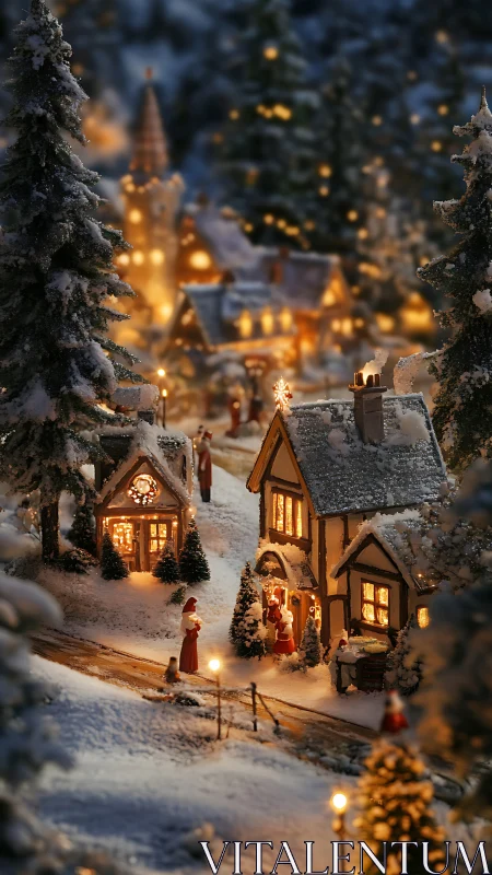 Miniature snowy Christmas village glows with warm lamplight
