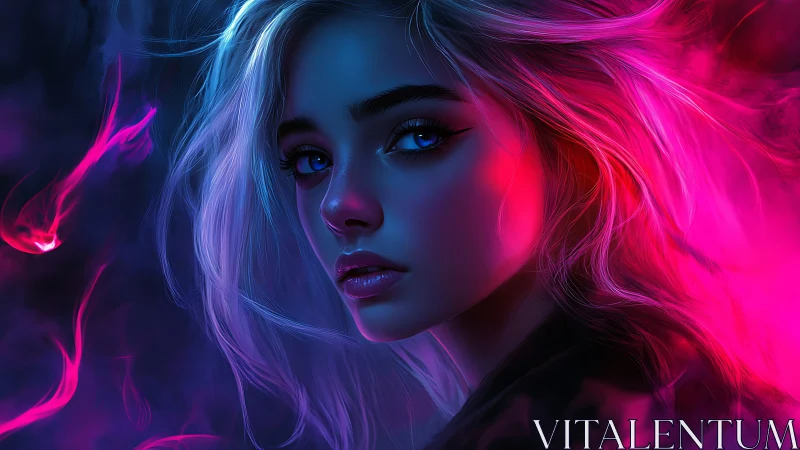 Neon lit portrait captures a luminous, enigmatic young woman