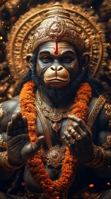 Photorealistic Hanuman deity portrait with ornate gilded regalia.