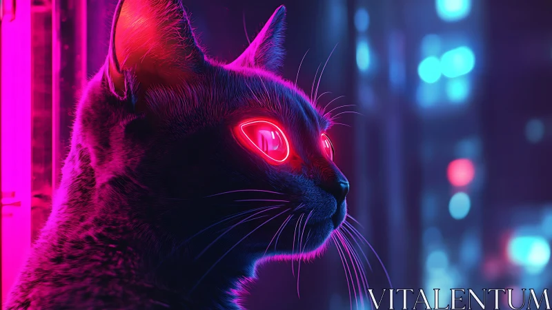 Cyberpunk cat stares through neon glow in moody city night